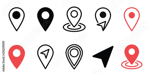 Принти на полотні Map Pin Navigation Marker Icon Set editable stroke — A versatile collection of ten map location pins, navigation pointers, and target markers in outline, solid, and red accent styles for GPS tracking