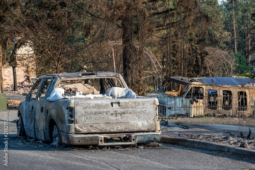 Spokane wildfire ground view of burned homes and neighborhood destruction