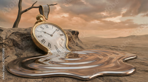 Surrealist melting gold pocket watches on rocks in a desert under a cloudy sunset sky.