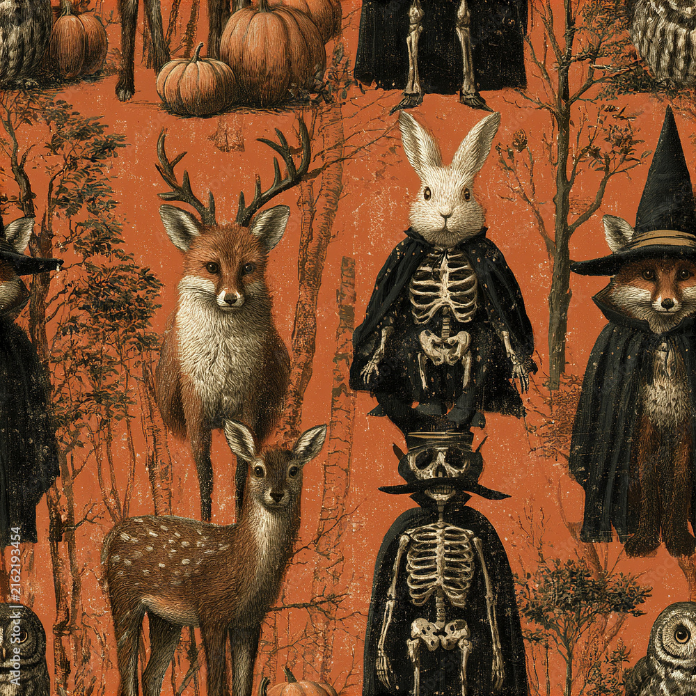 Naklejka premium Vintage Halloween pattern with deer, rabbit skeleton, fox in witch hat, owl, pumpkin, and spooky forest background