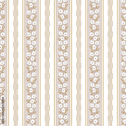 Cottagecore Floral Stripe Seamless Pattern with Vintage Botanical Flowers