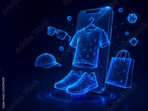 Digital wireframe illustration of apparel shoes accessories shopping bag emerging from a smartphone screen. mobile shopping with shopping smartphone wireframe. mobile shopping