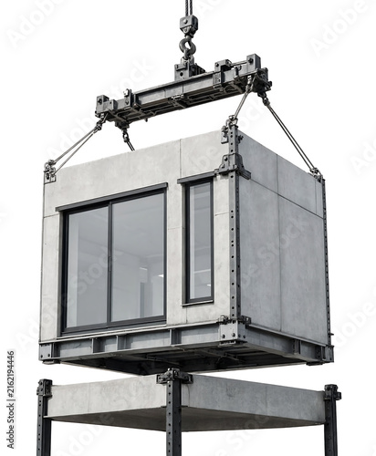 A prefabricated concrete modular building unit being lifted by a industrial heavy crane on a construction site transparent background