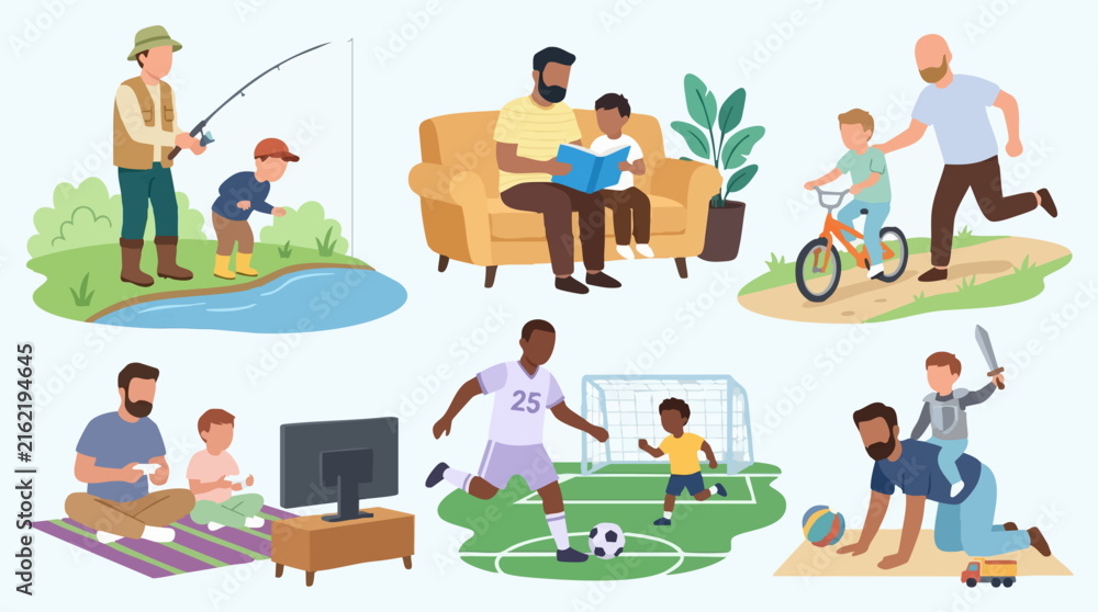 Fototapeta premium Fathers and sons bonding through diverse activities: fishing, reading, sports