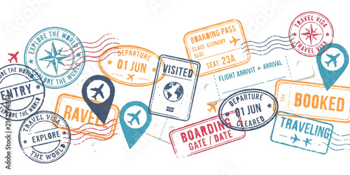 Foto Set of colorful travel stamps and passport visa marks for vacation planning and