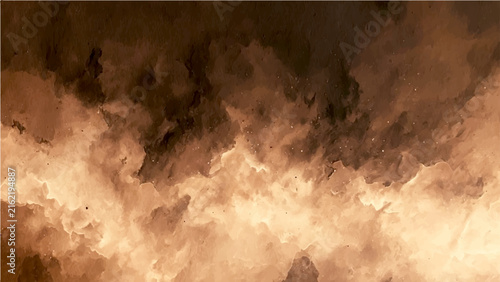 Abstract Watercolor dramatic fiery orange and dark brown cloud formation with glowing highlights and smoke texture suggesting intense heat or combustion in abstract art style.