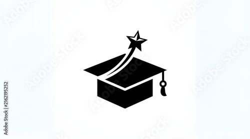 Black graduation cap icon with star trail rising from it, academic success concept on white background