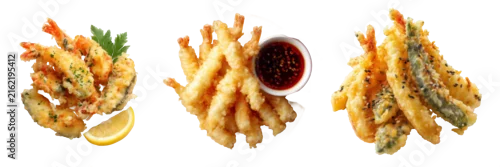 Obraz  z motywem Deep fried prawns french fries tempura set isolated on transparent background