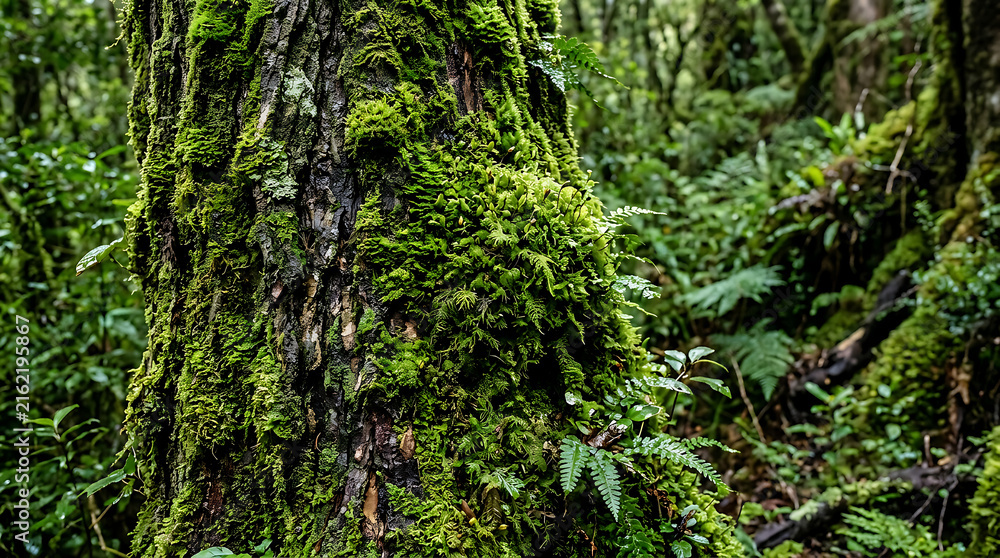 Obraz premium Lush green moss covering ancient forest tree trunk.