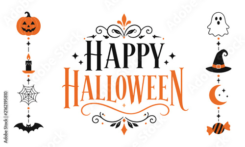 Happy Halloween Typography Banner with Decorative Spooky Elements and Icons Set