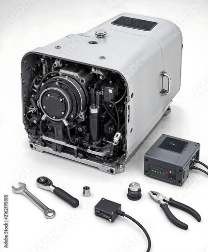 Industrial machinery engine component with maintenance tools and electronic control box on white background transparent background