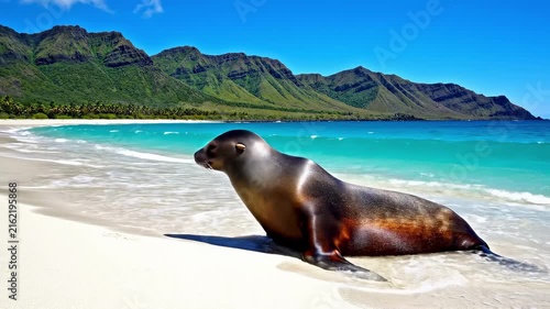 Sea lion resting on a tropical beach with turquoise ocean and green mountains.
