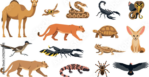 Desert Animals and Wildlife Vector Icon Set with Camel, Cougar, Snake, Scorpion, Tortoise, Fennec Fox, and Lizard for Nature Education Graphic Designs