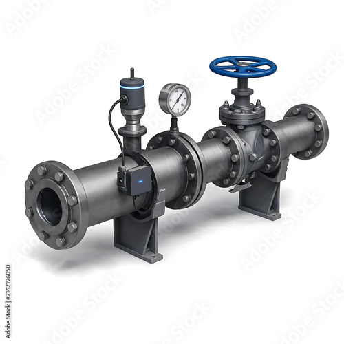 Industrial metal pipeline section with pressure gauge and electronic flow sensor on white background transparent background