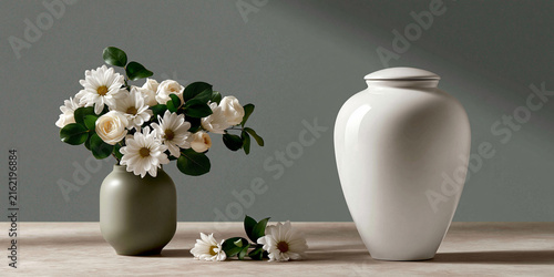 A serene arrangement featuring a white urn and a vase filled with white flowers, evoking a sense of peace and remembrance