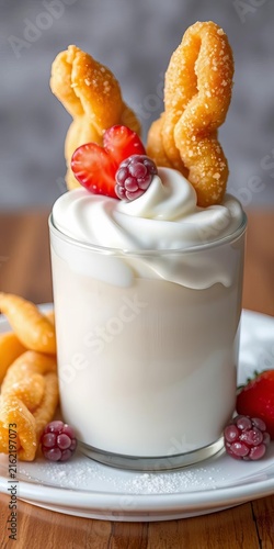 Creamy milk-based dessert with crispy fried dough, Fried dough pastries, Food styling
