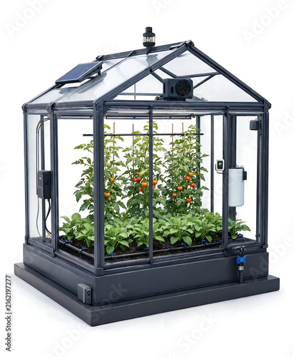 Modern automated smart greenhouse with solar panel growing tomato plants indoors transparent background
