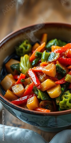 Crunchy vegetables sautéed in sesame oil, served steaming hot in a bowl, healthy, close up