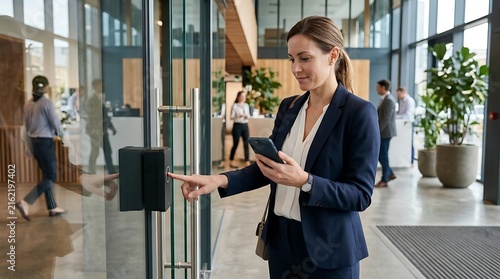 Businesswoman using smartphone to access building with fingerprint scanner