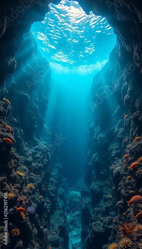 Deep ocean trench illuminated by sunlight, revealing a treasure trove of marine life, deep sea, water