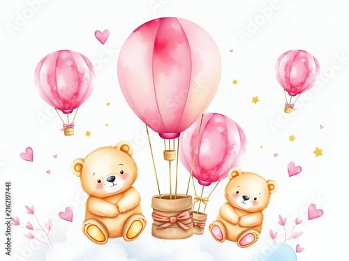 Cute watercolor illustration of air balloons with pink and gold accents surrounded by adorable bears, delicate, whimsical