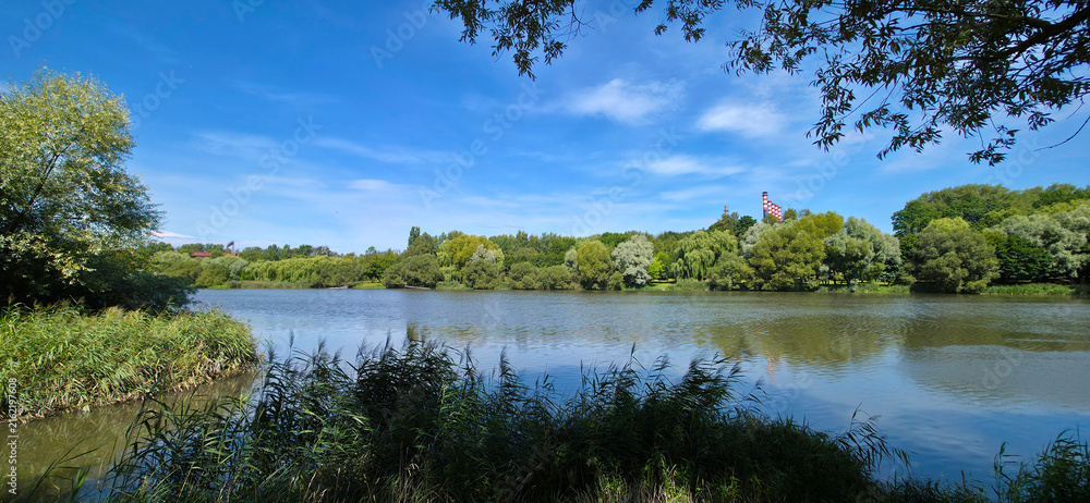 Fototapeta premium Lake in a city park in an industrial area.