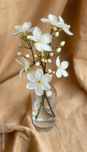 Delicate white blossoms in a clear glass vase on a textured fabric background, subtle texture., minimalist decor