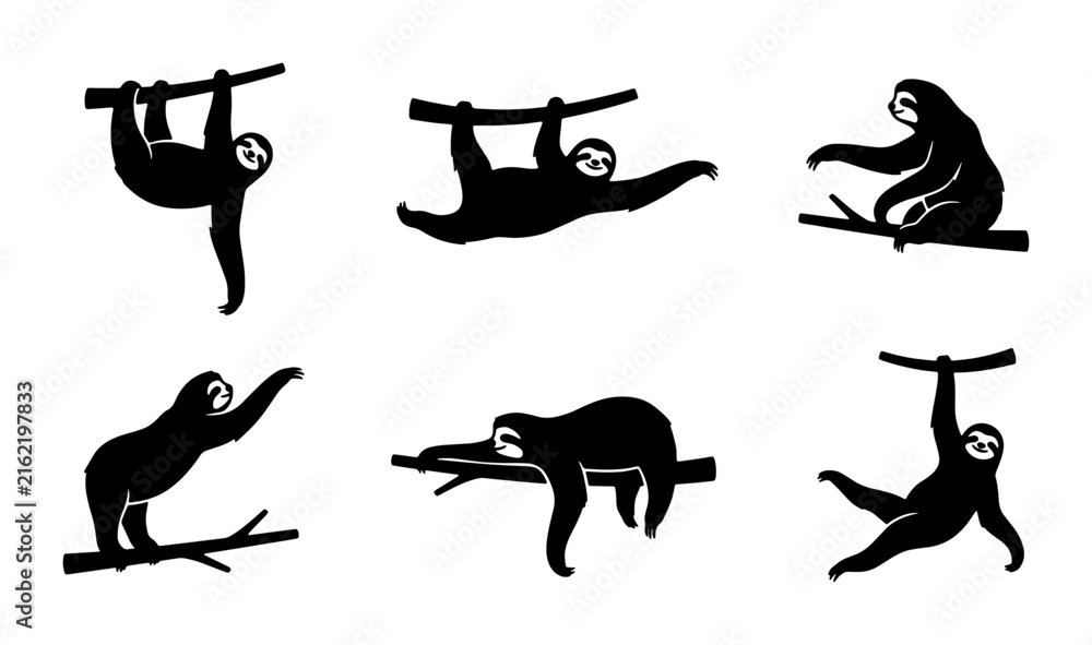 Naklejka premium Sloth Vector Icons Set, Cute Animal Silhouettes, Hanging and Climbing Poses, Black and White Graphics for Wildlife and Nature Designs