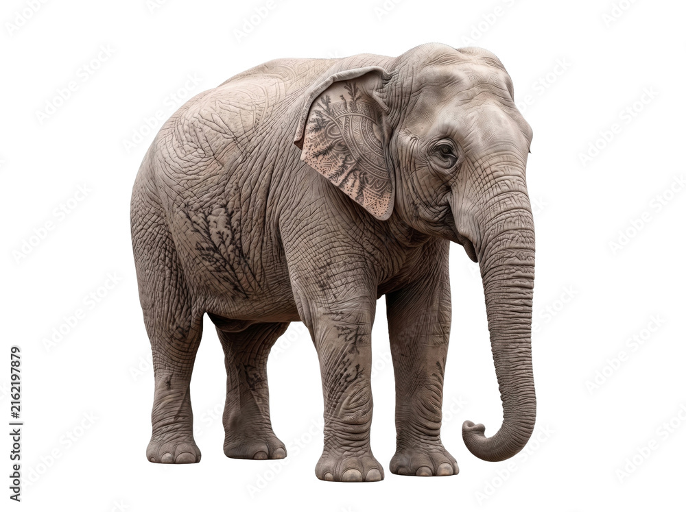 Fototapeta premium African elephant standing isolated on white background, full body wildlife animal cutout.