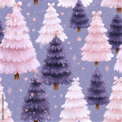 Whimsical sugarplum Christmas tree pattern with cotton candy colors and soft festive bows on starry background