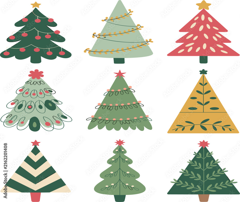 Obraz premium Minimalist Christmas Tree Vector Icon Set with Cute Abstract Pine Trees and Holiday Ornaments for Winter Season Greeting Cards Graphic Designs