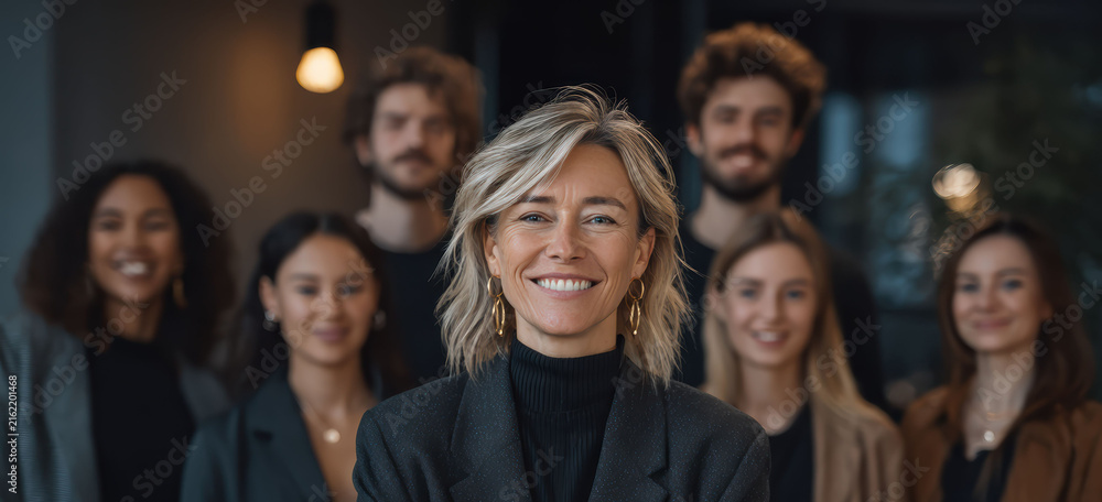 Fototapeta premium Diverse business team smiling together in a modern office, showing teamwork, smart casual style, and startup workplace culture.