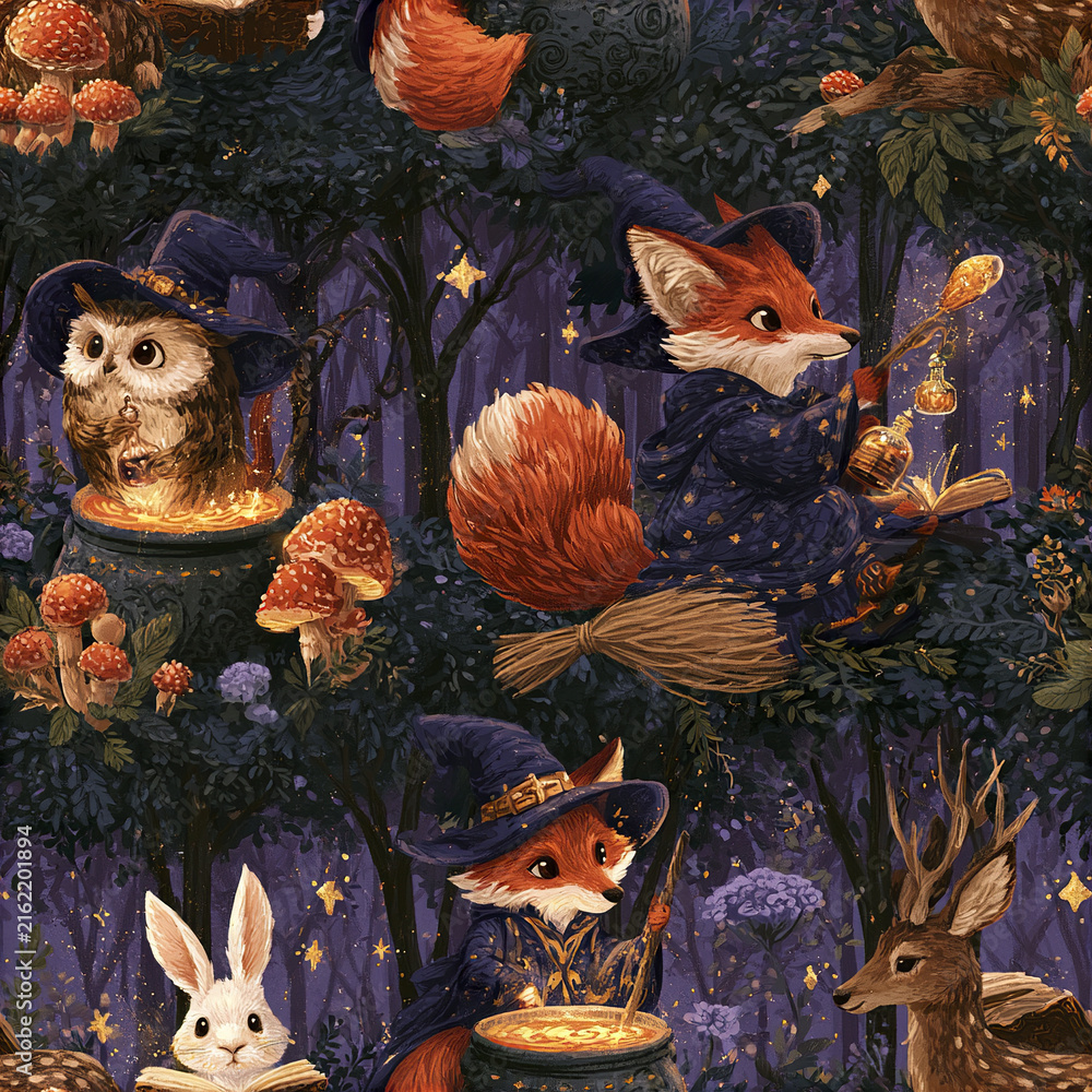Naklejka premium Whimsical woodland witch pattern with foxes, owl, rabbit, deer, mushrooms, magic, and stars in dark forest setting