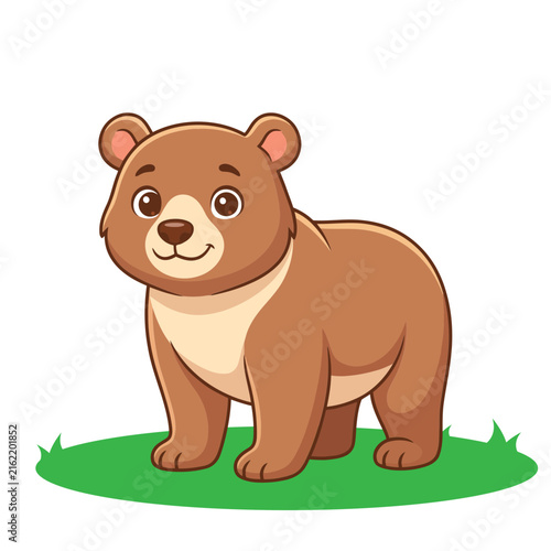 A happy cute bear standing on green grass isolated on a white background for children design projects