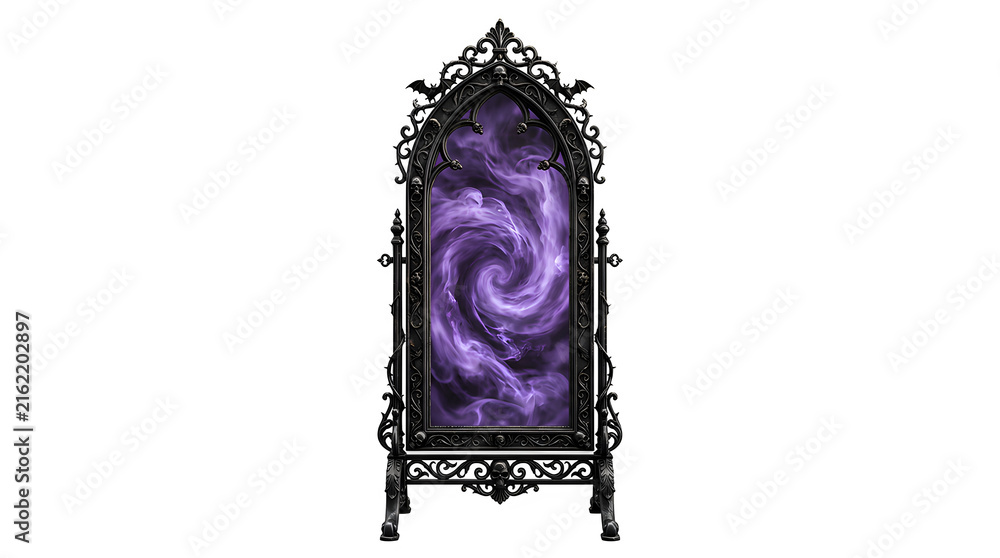 Fototapeta premium Gothic Magic Mirror with Purple Swirling Portal Halloween Transparent Background