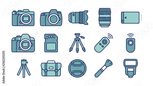 Set of vintage photography equipment icons featuring cameras film rolls and professional accessories.
