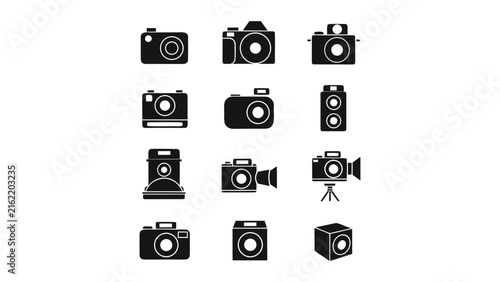 Set of twelve black camera icons for photography and professional media design.
