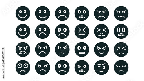Set of diverse facial expressions showing various emotions on circular flat icons.
