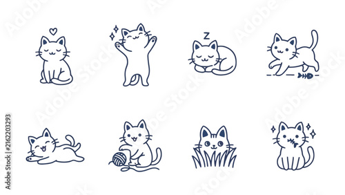 Set of cute handdrawn striped cats in various poses and positions for decorative elements.
