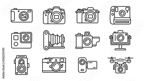 Set of thin line icons featuring various types of cameras and professional photography equipment.
