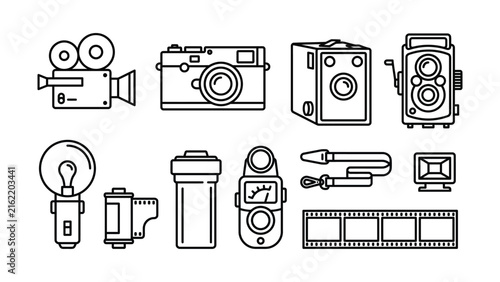 Set of thin line icons featuring various types of cameras and professional photography equipment.

