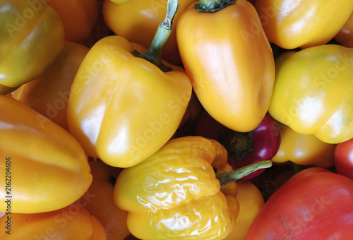 Foto Full frame of fresh yellow habanero and bell peppers background