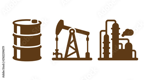 Oil extraction and processing refinery icons with crude oil pump jack energy production oil well fossil fuel extraction refinery petrochemical industry petroleum drilling
