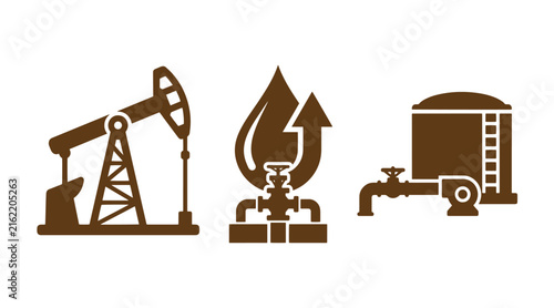 Oil and gas industry infrastructure icons featuring oil pumpjack natural gas flame and storage tank facility industry pumpjack petroleum extraction infrastructure pipeline