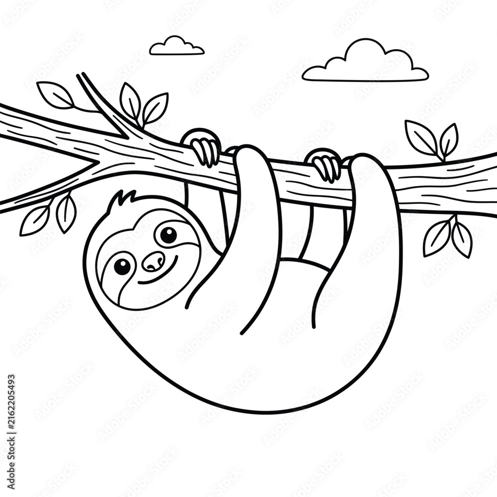 Naklejka premium Cute cartoon sloth hanging from a tree branch for a fun kids coloring page