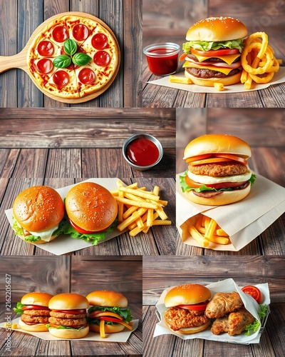 Assorted fast food collection including pepperoni pizza, cheeseburgers, onion rings, french fries and dipping sauce on a rustic wooden table