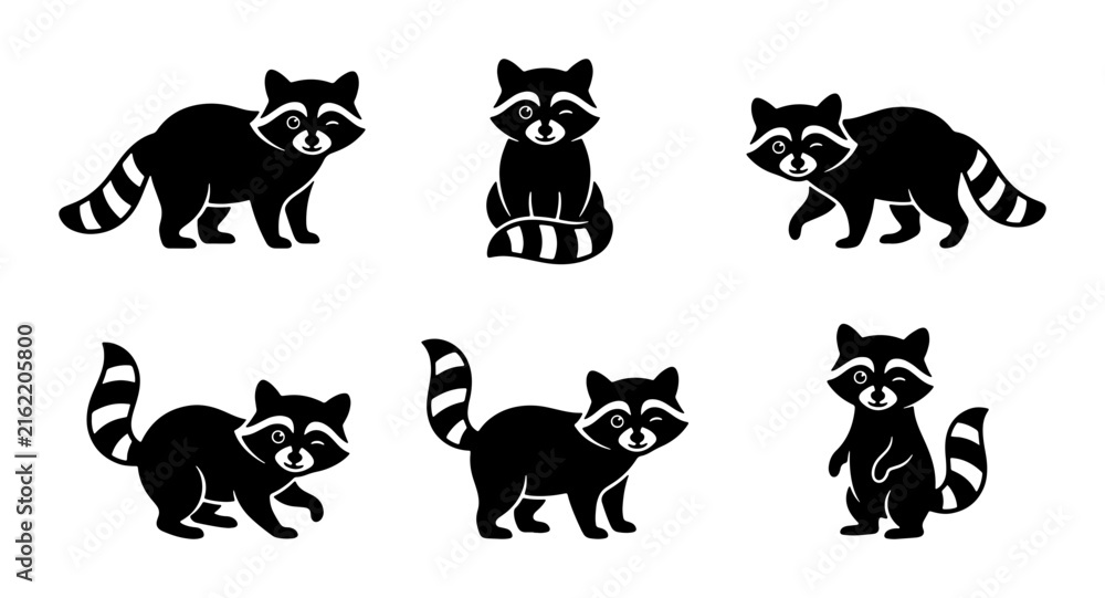 Fototapeta premium Charming Raccoon Vector Icons Set, Cute Woodland Animal Illustrations, Black and White Wildlife Character Collection, Simple Graphic Elements