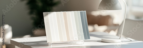 Modern ceiling paint swatches displayed on a minimalist desk with stylish lamp lighting