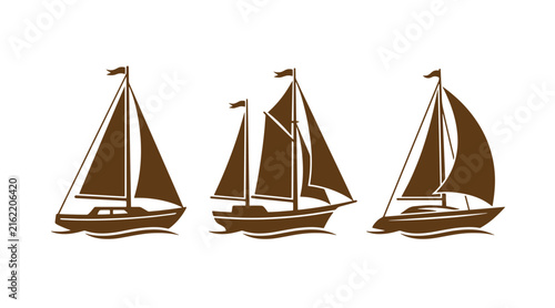 Three sailboats on water icons with line art sailboat watercraft nautical maritime silhouette illustration collection isolated recreation transport adventure