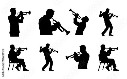 Trumpet Player Silhouettes, Jazz Musician Vector Icons, Brass Instrument Performance Set, Black and White Musical Art